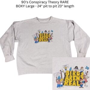 Vintage Conspiracy Gray Birds Aren't Real  Hanes Sweatshirt Mens L 90s Boxy Crew